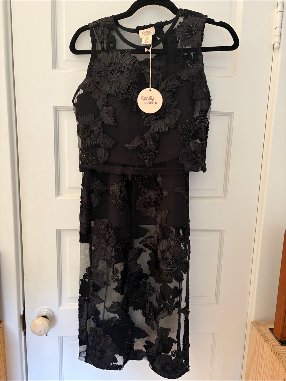 Camila Coelho Black Floral Appliqué Sheer Midi Two Piece Set